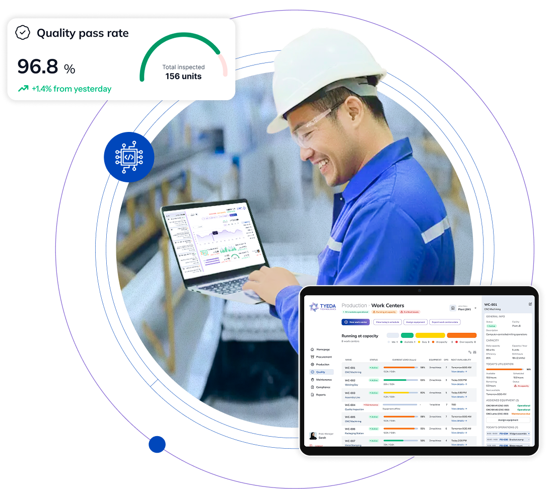 Factory worker using tablet with overlaid dashboard showing quality pass rate and revenue analytics